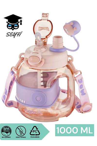 SEYFİKİRTASİYE 1000ml Single Lid Dual Use Water Flask with Straw and Spirit Strap Children's Water Vagonlife