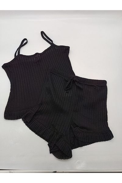 BEYAZTOPTAN Costum de damă mov cu volane cu pantaloni scurți