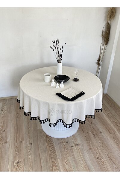 pamukidea Black Tasseled Washed Buldan Linen Pompom Plain Plain 100% Cotton Natural Beige Round Table Cloth