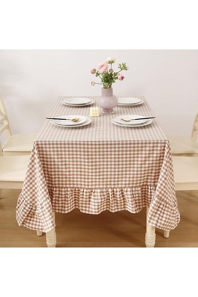 Erba kreasyon Duck Linen Frilly Gingham Patterned Round Tablecloth