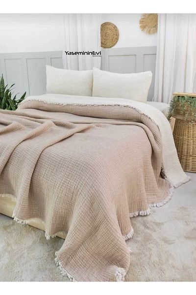 YASEMİNİNEVİ Single Beige Color 6 Layer Muslin Quilt, Bedspread (170X230Cm)