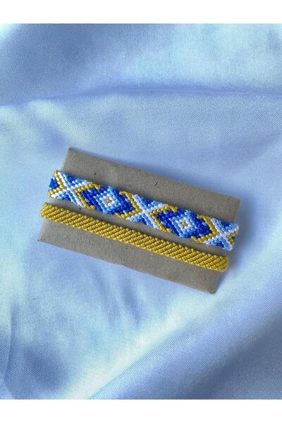 MELUSH Blue and Yellow Colorful Patterned Handmade Knitted Bracelet Set of 2