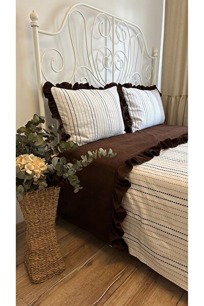 Decamor home Line Brown Ecru Ruffle Detailed Bedspread Pique Set Double Size