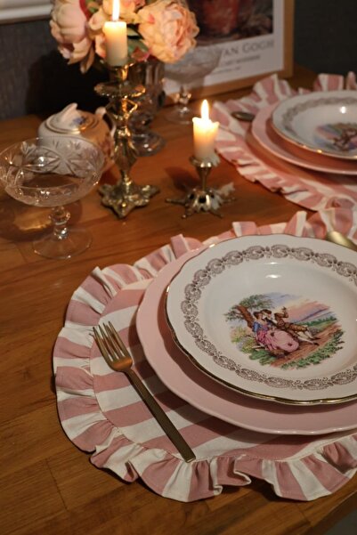 vintagetasarım Amerikan Servis Oval Çizgili Fırfırlı Vintage 2 Adet Duck Keten