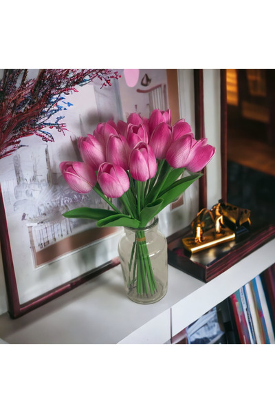 OznCicekTasarim Gerçekçi Islak Dokulu Fuşya Lale Buketi – 10 'lu Premium Deko...