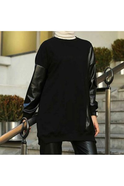 Aknur Moda Black Leather Garnished Tunic