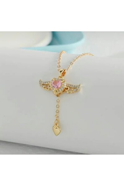 mibrillo Çelik Kalp Detaylı Pembe Taşlı Melek Kanatlı Kolye