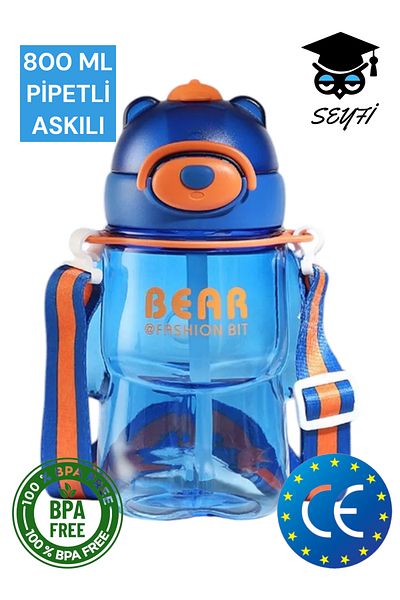 SEYFİKİRTASİYE 800 ml Policarbon Teddy Bear Patterned Water Bottle with Straw Bpa Free 2027
