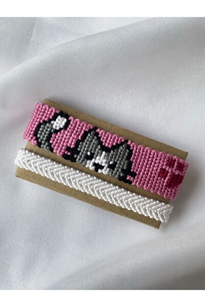 MELUSH Pembe Kedi Desenli Örgü Bileklik 2'li Set