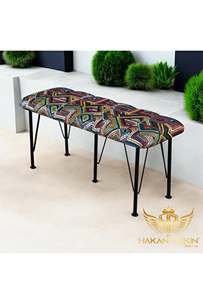 BY HAKAN AŞKIN Siyah Metal Ayaklı Rug Pattern Line Style 2025 Babyface Puf & Bench Kilim desen