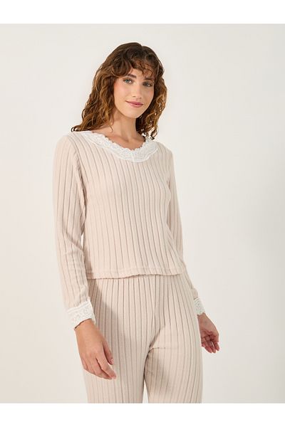 Styli Ribbed Brushed Lace Trim Top and Pyjama Pants Set