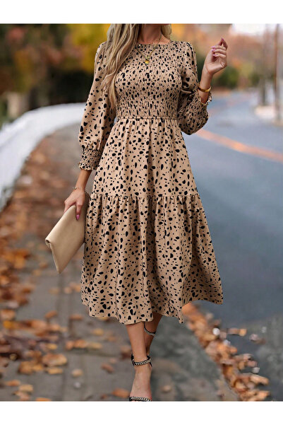 Diva By Styli Allover Print Smocking Detail Long Sleeve Midi Dress