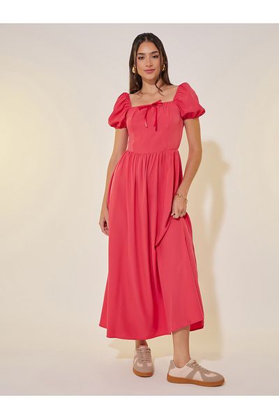 Styli Solid Square Neck Bow Detail Puff Sleeve Maxi Dress