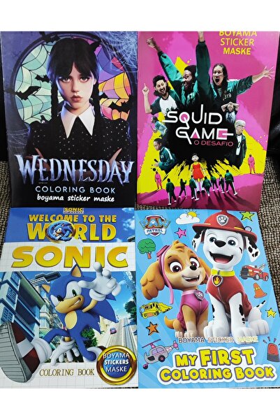 bundle island 4 Adet Stickerli Boyama Kitabı (sonic/squid game/wednesday/paw ...