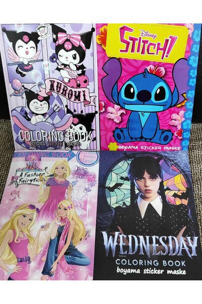 bundle island 4 Adet Stickerli Boyama Kitabı (stitch/barbie/wednesday/y.kurom...