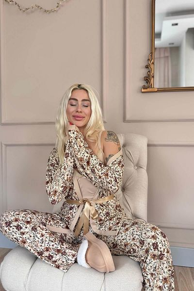 Pijamaevi Beige Autumn Blossom Exclusive Women's Pajama Set with Knitted Dressing Gown