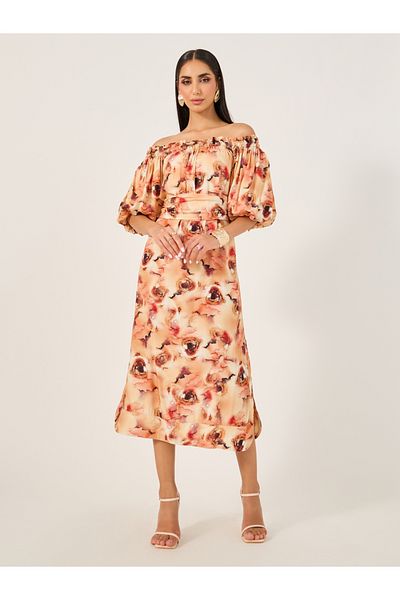 Styli All-Over Print Off Shoulder Neck A-Line Midi Dress