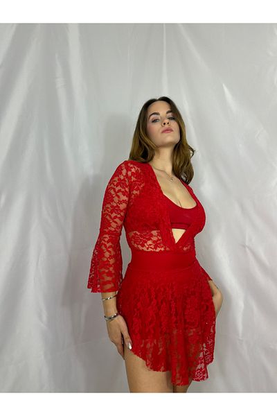 Lacis Red Lace Spanish Sleeve Flared Skirt Shorts Jumpsuit