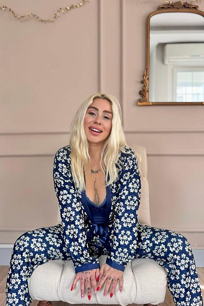 Pijamaevi Navy Blue Blossom Exclusive Women's Pajama Set with Knitted Dressing Gown