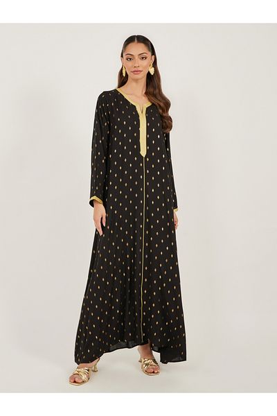 Styli Foil Print Lace Detail Satin Jalabiya with Belt