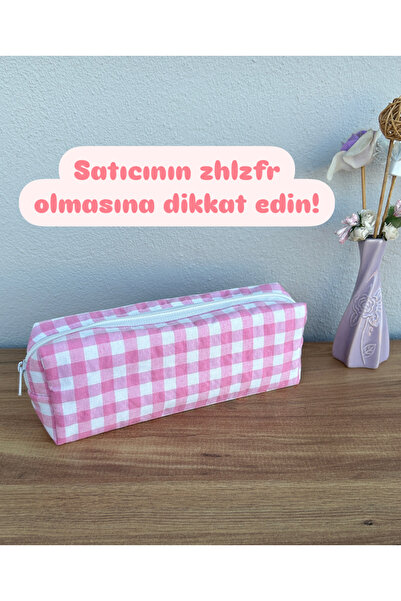 minyaturhayalim Pembe Beyaz Iri Kareli Beyaz Fermuarlı Kalem Kutusu Kalemlik ...