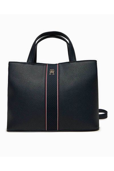 Tommy Hilfiger حقيبة كمبيوتر محمول وحقيبة كمبيوتر محمول باللون الأزرق للنساء بنمط حصاة مع إغلاق مغناطيسي وتفاصيل شريطية AW0AW16873-DW6