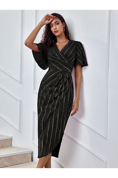 Luxewave By Styli Striped V Neck Wrap Look Sheath Midi Dress