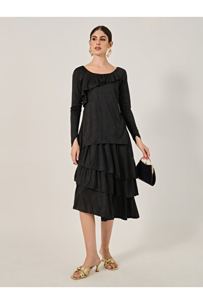 Styli Plain Ruffle Trim Layered A-Line Midi Dress