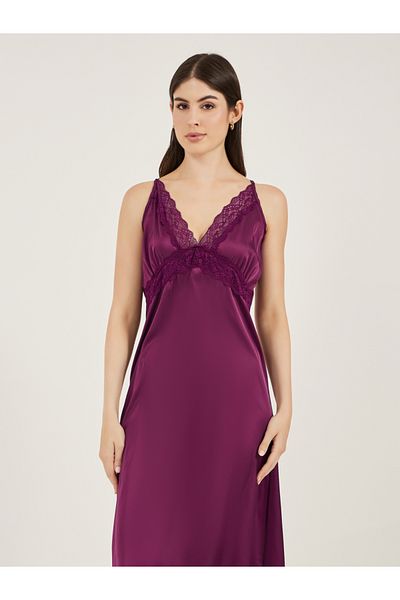 Styli Burgundy Sleeveless Satin Nightdress with Lace Detail