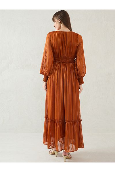 Femmella By Styli Self Striped V Neck A-Line Maxi Dress