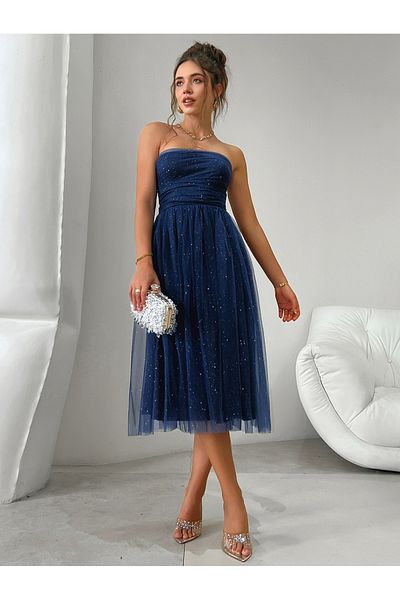 Diva By Styli Off Shoulder Mesh A-Line Midi Dress