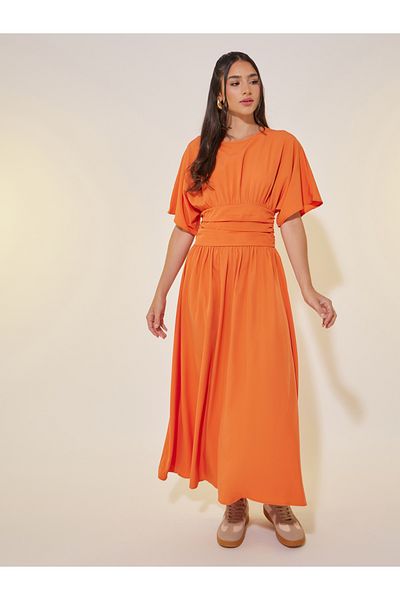 Take Two By Styli Solid Gathered Waist A-Line Midi Dress