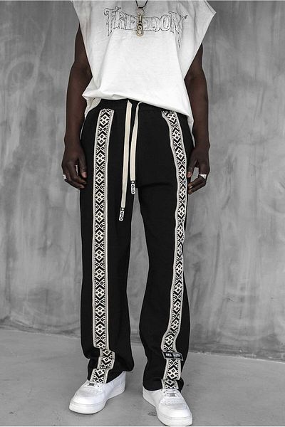 ablukaonline Men's Striped Ethnic Patterned Comfortable Baggy Fit Tracksuit Black