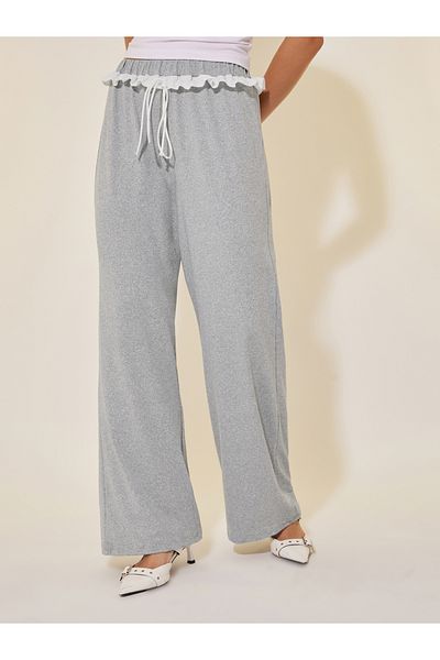 Styli Solid Loose Fit Lace Detail Pants with Drawstring