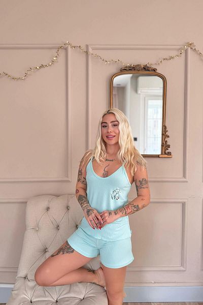 Pijamaevi Aqua Belle Fleur Patterned Knitted Rope Strap Shorts Women's Pajama Set