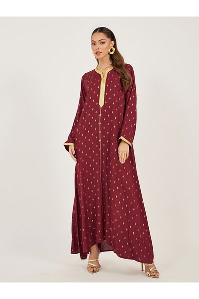 Styli Foil Print Lace Detail Satin Jalabiya with Belt