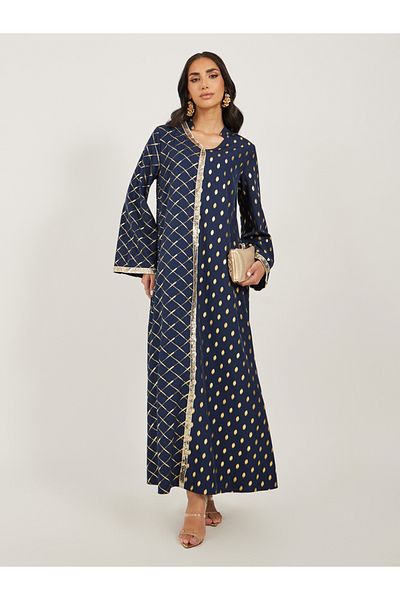 Styli Foil Printed Collared Jalabiya with Lace Trim