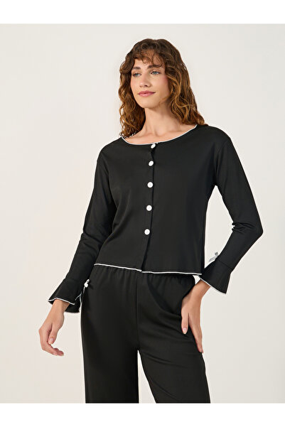 Styli Solid Long Sleeve Button Front Pajama Set