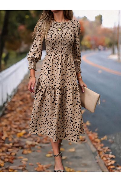 Diva By Styli Allover Print Smocking Detail Long Sleeve Midi Dress