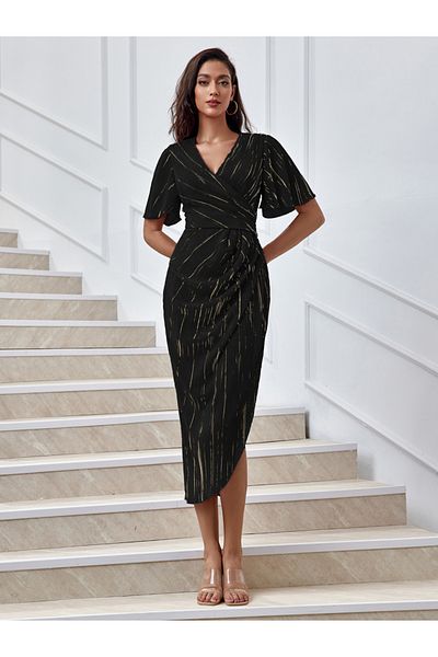 Luxewave By Styli Striped V Neck Wrap Look Sheath Midi Dress