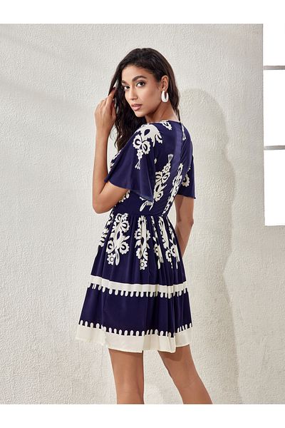 Luxewave By Styli Printed V Neck A-Line Midi Dress