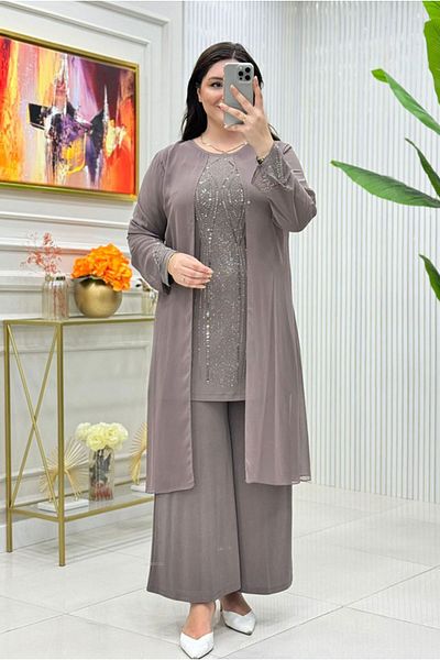 Moda Rosa 25Y5050 - مينك - بدلة سهرة حجرية مقاس كبير مع بنطلون