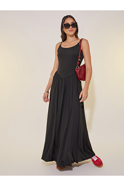 Take Two By Styli Solid Strappy Round Neck A-Line Maxi Dress