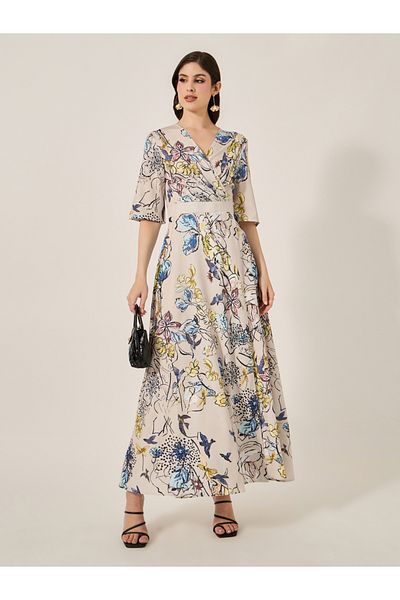 Styli Floral Print Wrap Look A-Line Maxi Dress