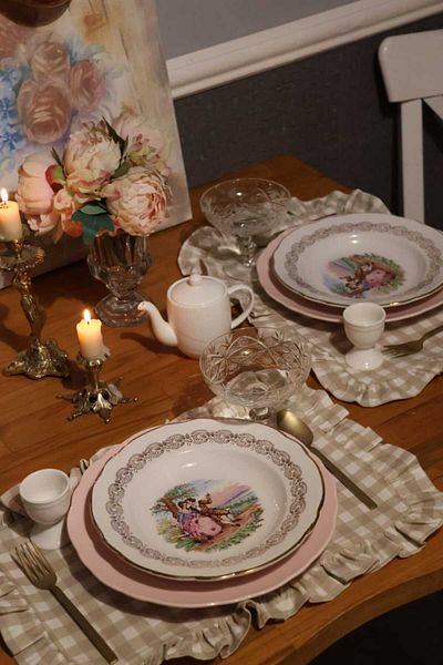 vintagetasarım American Service Checkered Frilly Vintage Beige 2 Piece Duck Linen