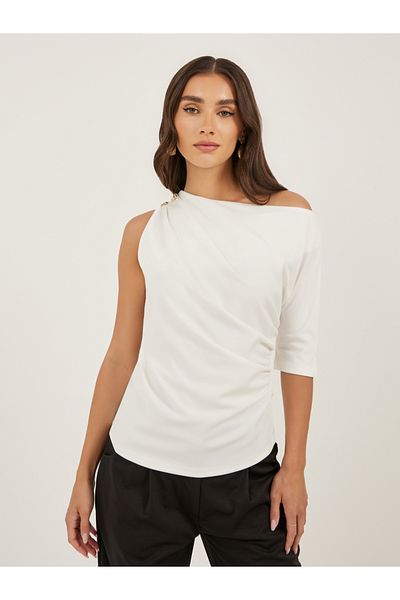 Styli Ruched Asymmetric Neckline Fitted Top