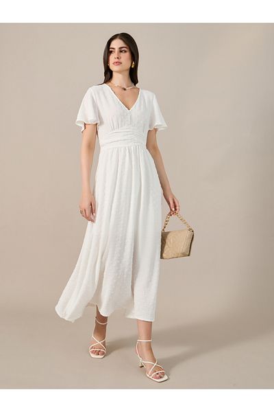 Take Two By Styli Dobby Flared Sleeves A-Line Midi Dress