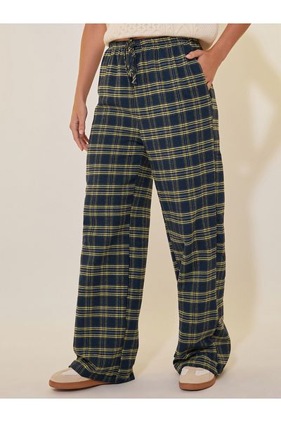 Styli Plaid Elastic Waist Straight Leg Pants