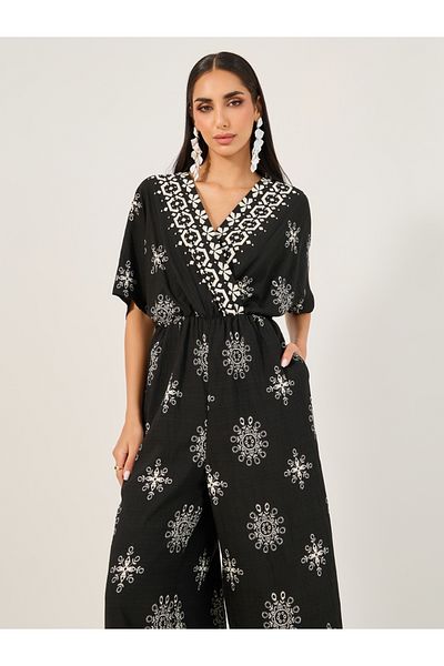 Styli Printed V Neck Short Sleeve Jumpsuit
