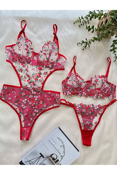 Lessya Floral Floral Patterned Bralet and Bodysuit Set of 2